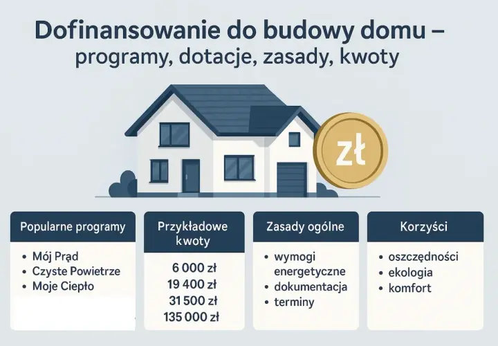 Dofinansowanie do budowy domu: popularne programy, przykładowe kwoty, zasady i korzyści. Złota moneta symbolizuje wsparcie finansowe.
