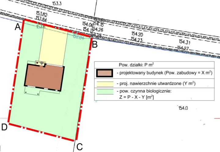 Plan działki z zaznaczonym projektowanym budynkiem i nawierzchniami utwardzonymi, jako przykładowe warunki zabudowy.
