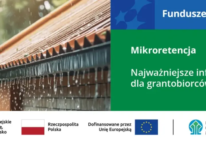 Deszcz spływa z dachu, ilustrując program "Moja Woda" i mikroretencję. Informacje dla beneficjentów.
