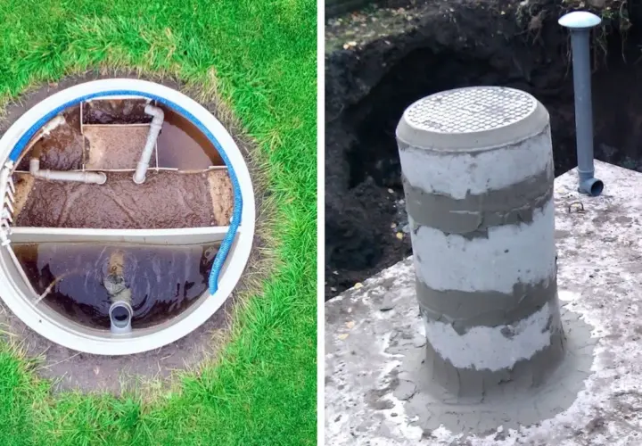 Widok wnętrza szamba i betonowego komina. Wybór między szambem a oczyszczalnią to ważna decyzja.