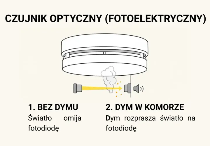 Ilustracja pokazuje, jak wygląda czujnik dymu. Bez dymu światło omija fotodiodę, a z dymem jest rozpraszane.