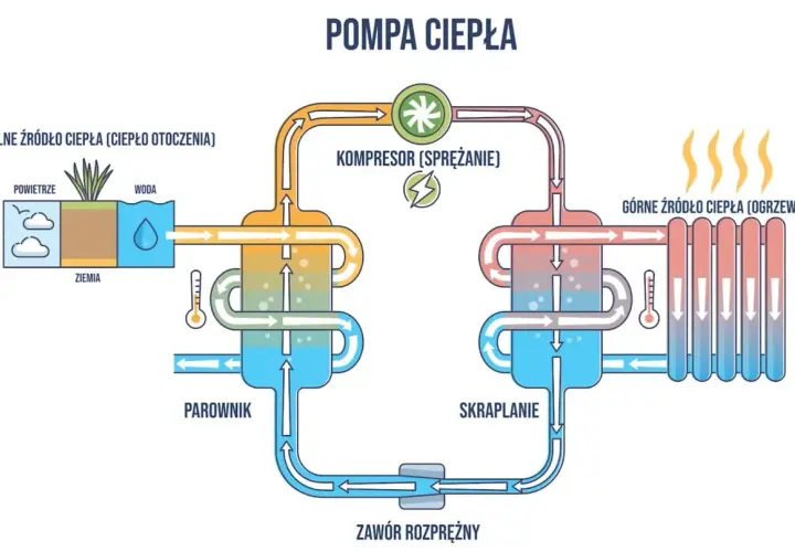 Schemat działania pompy ciepła: pobiera ciepło z otoczenia (powietrze, woda, ziemia), spręża je, a następnie oddaje jako ciepło do ogrzewania.