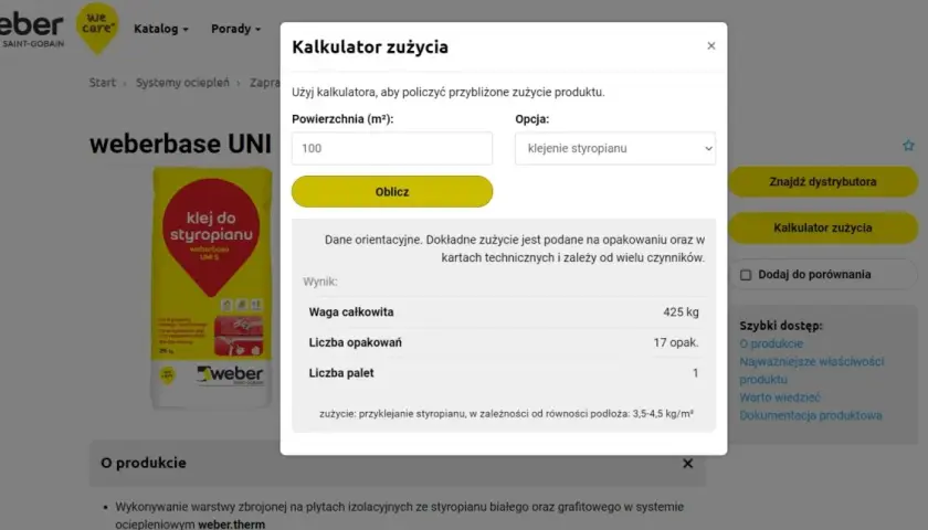 Kalkulator zużycia kleju do siatki na m2 pokazuje, że na 100 m² potrzeba 425 kg produktu, czyli 17 opakowań.