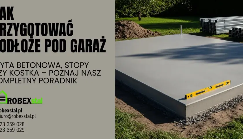 Gotowa płyta fundamentowa pod garaż, z poziomicą na krawędzi. Poradnik "Jak przygotować podłoże pod garaż" od Robexstal.