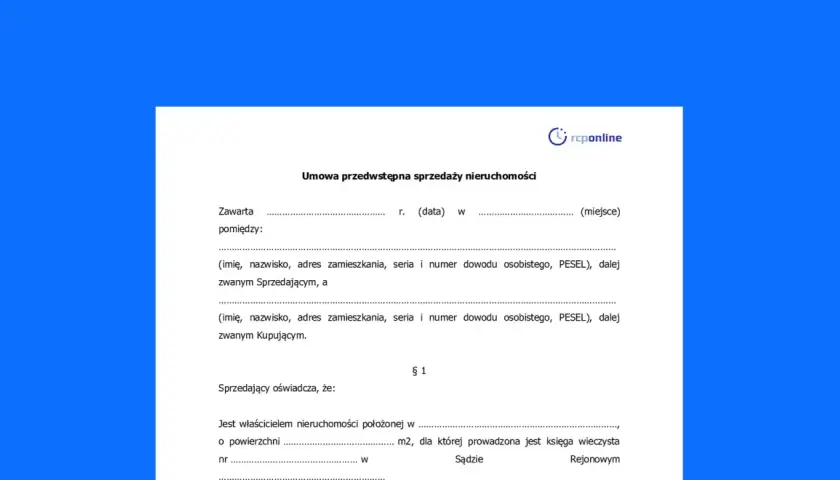 Umowa przedwstępna sprzedaży nieruchomości z zadatkiem. Dokument zawiera dane sprzedającego i kupującego oraz informacje o nieruchomości.