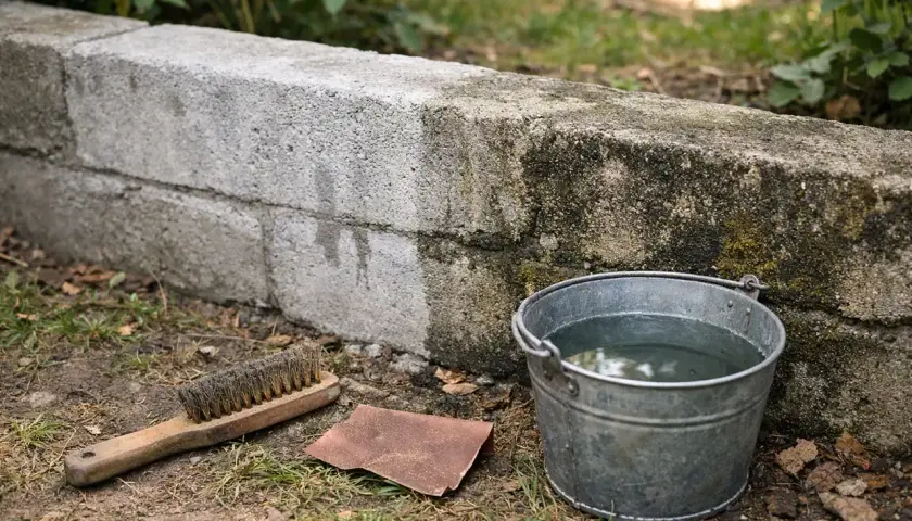 Narzędzia do czyszczenia: wiadro z wodą, szczotka i papier ścierny, gotowe do pracy, jak odnowić stary murek betonowy.