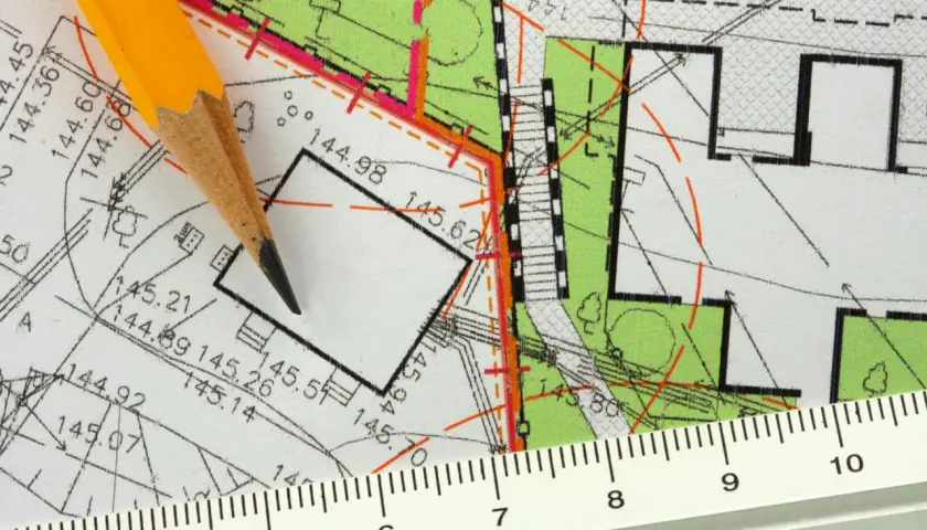 Ołówek i linijka na mapie geodezyjnej. Plan działki z wymiarami, pomocny, jak znaleźć działkę po numerze.