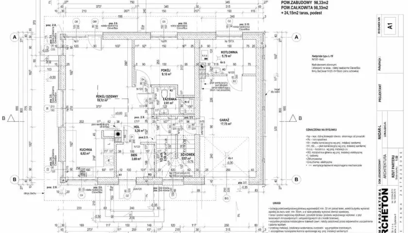 Fragment planu architektonicznego z zaznaczonymi pomieszczeniami, wymiarami i symbolami.