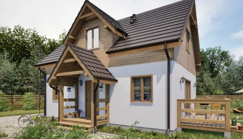 Uroczy dom 70m2, idealny na działkę rekreacyjną. Drewniane elementy i biała elewacja tworzą przytulny klimat.