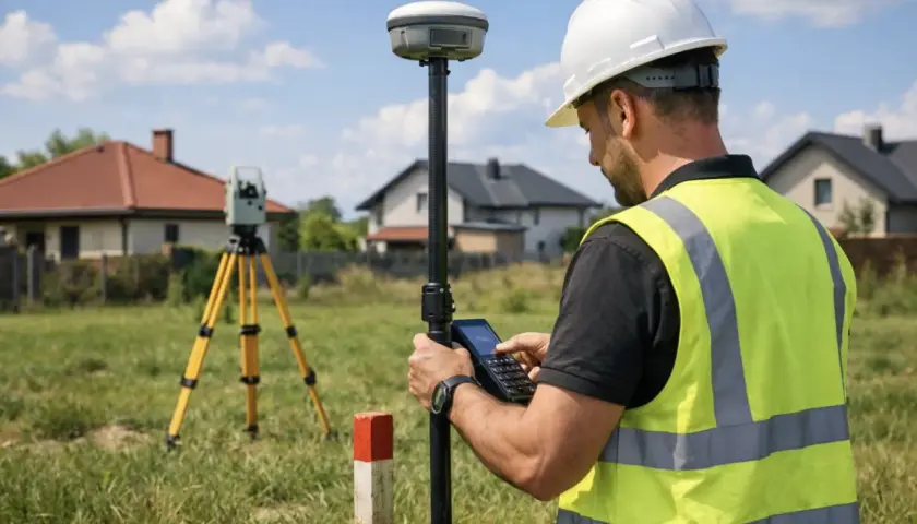 Geodeta z odbiornikiem GPS i tachimetrem na statywie wyznacza granice działki, sprawdzając minimalną powierzchnię działki budowlanej.
