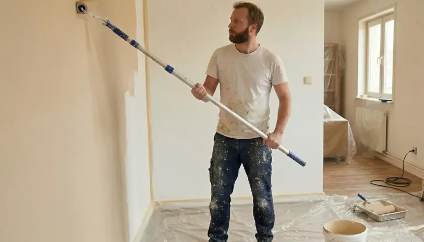 Mężczyzna maluje ścianę na jasny kolor. Zastanawiasz się, jakie farby do malowania ścian polecacie?