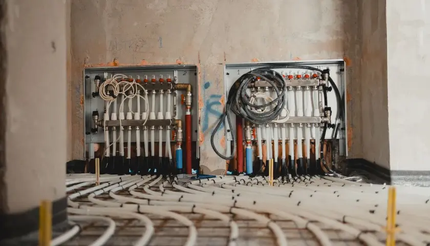 Rozdzielacze i rury do wodnego ogrzewania podłogowego w trakcie montażu.