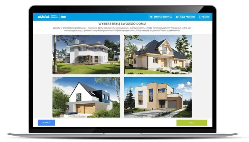 Wybierz bryłę domu w aplikacji Knauf Strefa Koloru. Cztery propozycje domów: klasyczny, nowoczesny, skandynawski, minimalistyczny.