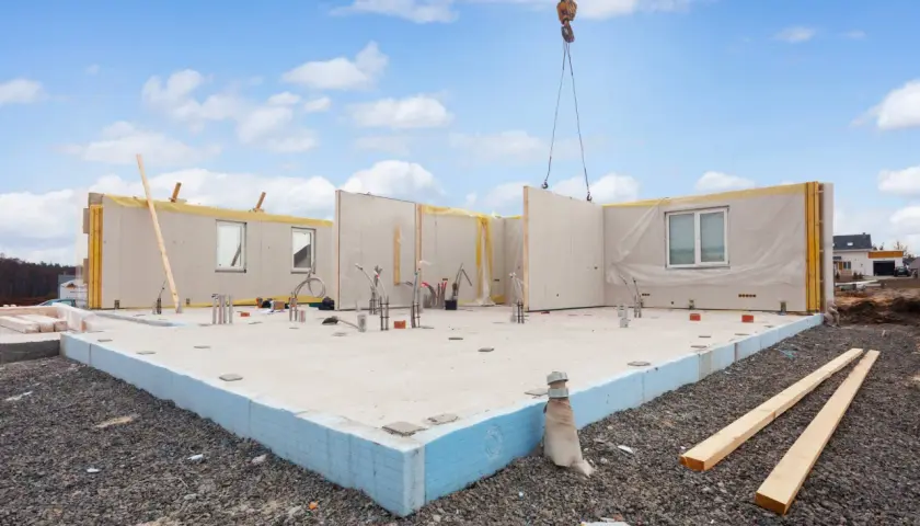 Budowa domu z prefabrykatów. Na placu budowy widać fundamenty, ściany z oknami i instalacjami, a nad nimi uniesiony element przez dźwig. Czy to keramzyt?