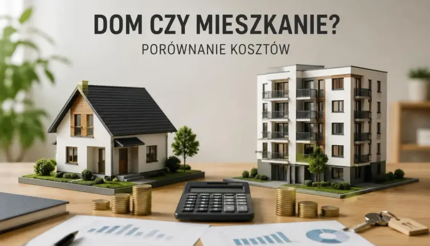Porównanie kosztów: model domu i bloku mieszkalnego, kalkulator, monety i klucze. Które rozwiązanie wybrać: dom czy mieszkanie?