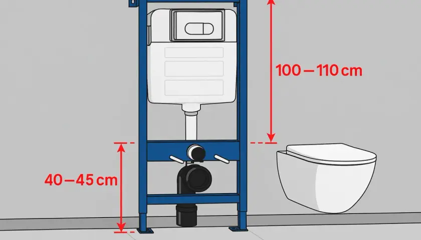 Schemat instalacji podtynkowej WC. Wymiary: 100-110 cm wysokości stelaża, 40-45 cm od podłogi do dolnej części stelaża. To pokazuje, ile miejsca na WC potrzebujesz.