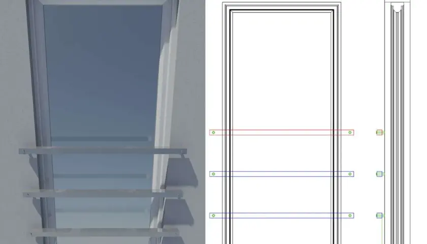 Widok okna z trzema wspornikami do mocowania balustrady od czoła. Obok schemat montażu.