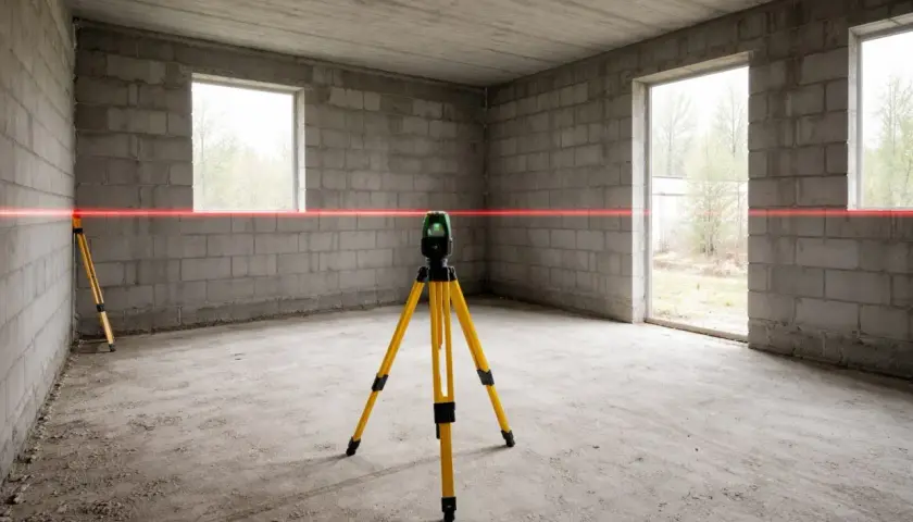 Laser krzyżowy na statywie wyznacza poziom zero ile nad gruntem. Czerwona linia biegnie wzdłuż ścian z pustaków.