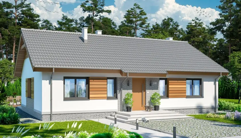 Nowoczesny dom jednorodzinny, projekt Aster, z szarym dachem, białymi ścianami i drewnianymi elementami. Otoczony zielenią.