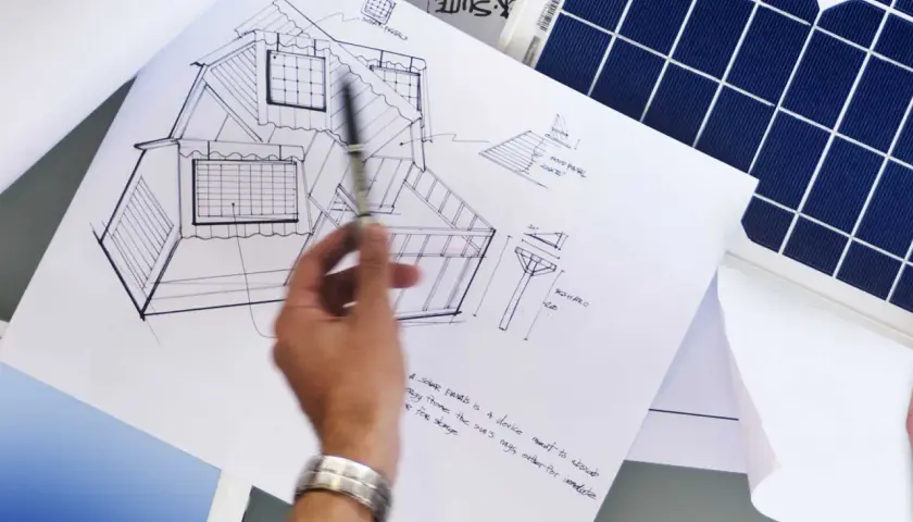 Rysunek domu z panelami fotowoltaicznymi na dachu i obok panel słoneczny. Projekt uwzględnia kąt nachylenia paneli fotowoltaicznych.