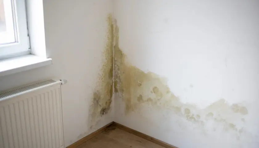 Widoczna wilgoć na ścianach w rogu pokoju, tworząca zielonkawo-brązowe plamy. Obok grzejnik i fragment okna.