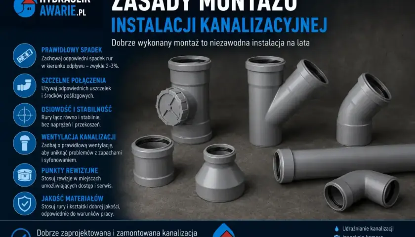 Elementy instalacji kanalizacyjnej, w tym rury i kształtki, z naciskiem na prawidłowy spadek rury odpływowej WC.