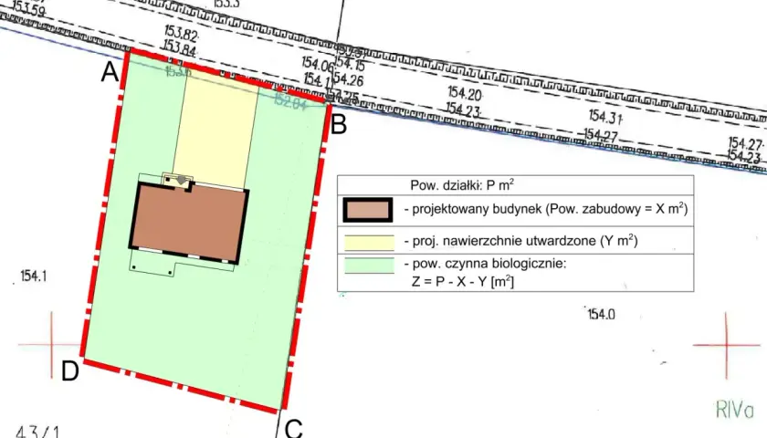 Plan działki z zaznaczonym projektowanym budynkiem i nawierzchniami utwardzonymi, jako przykładowe warunki zabudowy.