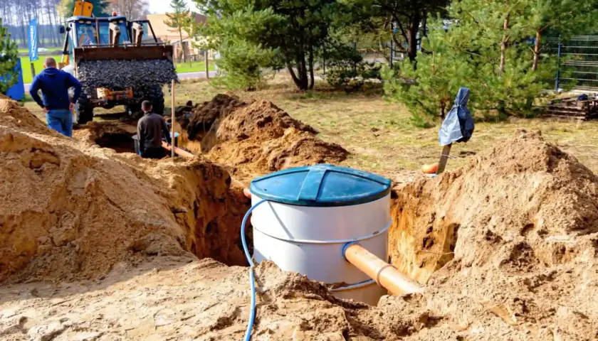 Trwa montaż oczyszczalni przydomowej. Koparka zasypuje wykop, a pracownicy nadzorują instalację zbiornika.