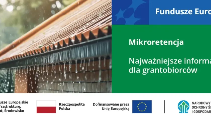 Deszcz spływa z dachu, ilustrując program "Moja Woda" i mikroretencję. Informacje dla beneficjentów.