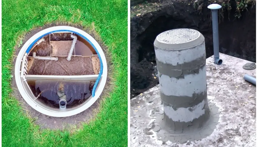 Widok wnętrza szamba i betonowego komina. Wybór między szambem a oczyszczalnią to ważna decyzja.