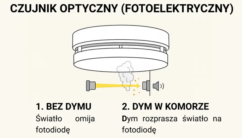 Ilustracja pokazuje, jak wygląda czujnik dymu. Bez dymu światło omija fotodiodę, a z dymem jest rozpraszane.