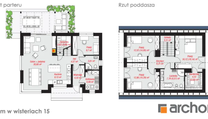 Rzuty parteru i poddasza domu w wisteriach 15. Widoczne salon, kuchnia, sypialnie, łazienka i garderoba.