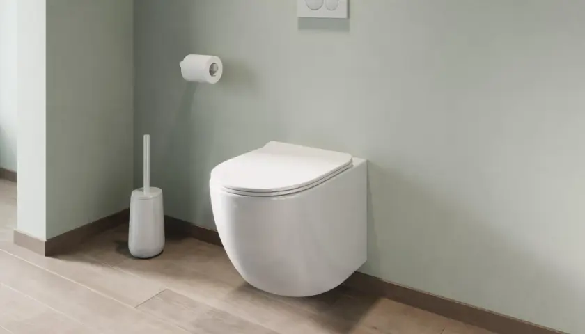Nowoczesna łazienka z miską WC wiszącą na ścianie, z ukrytym mocowaniem. Obok szczotka i uchwyt na papier.