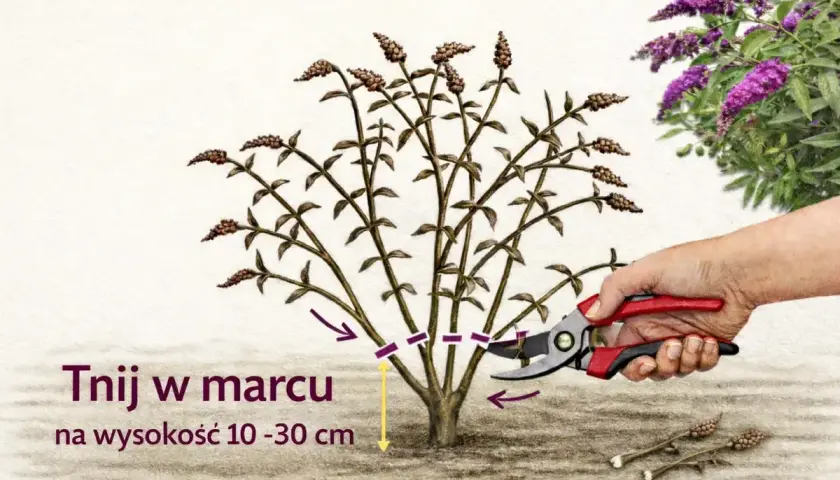 Budleja przycinanie kiedy? W marcu, na wysokość 10-30 cm. Sekatorem tnij pędy, by roślina pięknie kwitła.