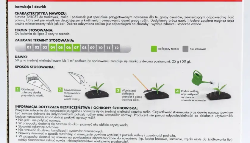 Jaki nawóz pod truskawki? Nawóz TARGET do truskawek, malin i poziomek. Stosować od kwietnia do lipca, 2 razy w sezonie.