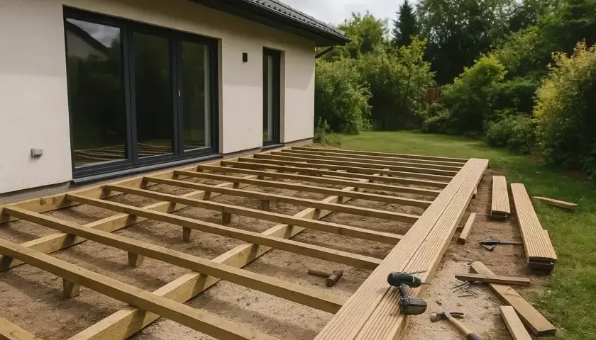 Budowa tarasu drewnianego. Widoczna konstrukcja z belek, deski tarasowe i narzędzia.