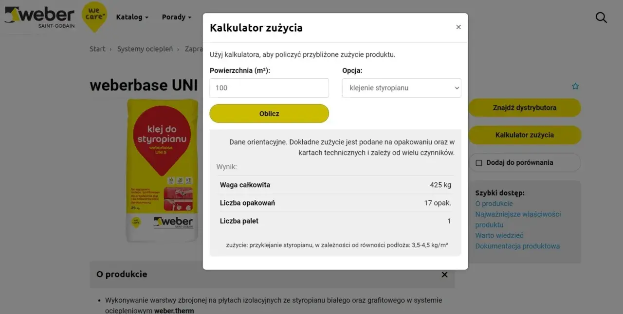 Kalkulator zużycia kleju do siatki na m2 pokazuje, że na 100 m² potrzeba 425 kg produktu, czyli 17 opakowań.