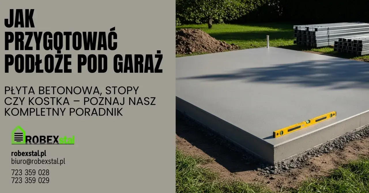Gotowa płyta fundamentowa pod garaż, z poziomicą na krawędzi. Poradnik "Jak przygotować podłoże pod garaż" od Robexstal.