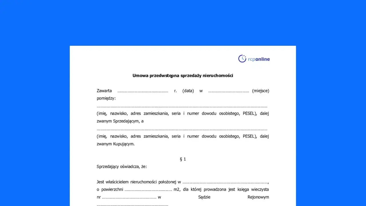 Umowa przedwstępna sprzedaży nieruchomości z zadatkiem. Dokument zawiera dane sprzedającego i kupującego oraz informacje o nieruchomości.