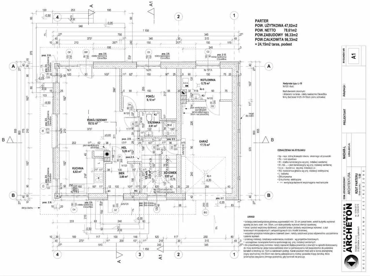 Fragment planu architektonicznego z zaznaczonymi pomieszczeniami, wymiarami i symbolami.