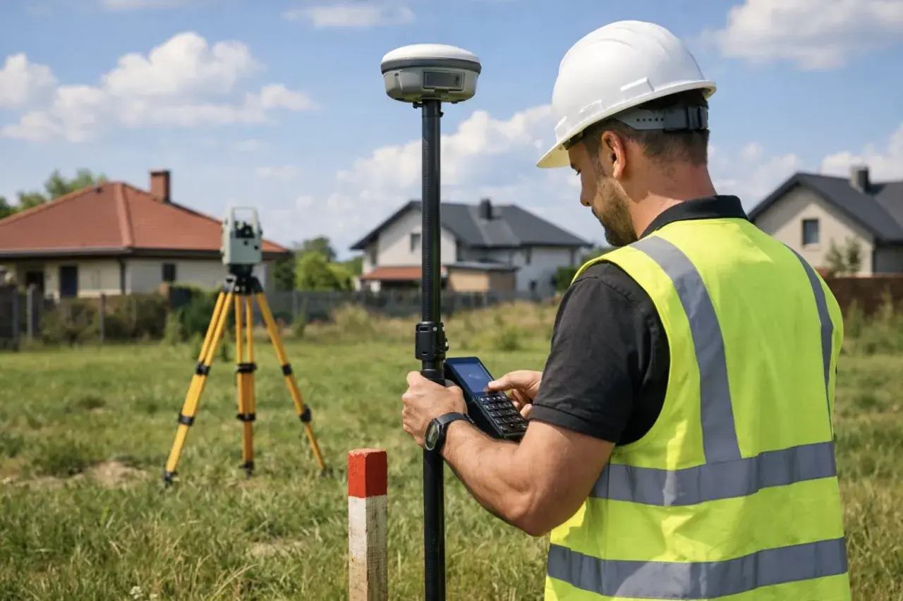 Geodeta z odbiornikiem GPS i tachimetrem na statywie wyznacza granice działki, sprawdzając minimalną powierzchnię działki budowlanej.
