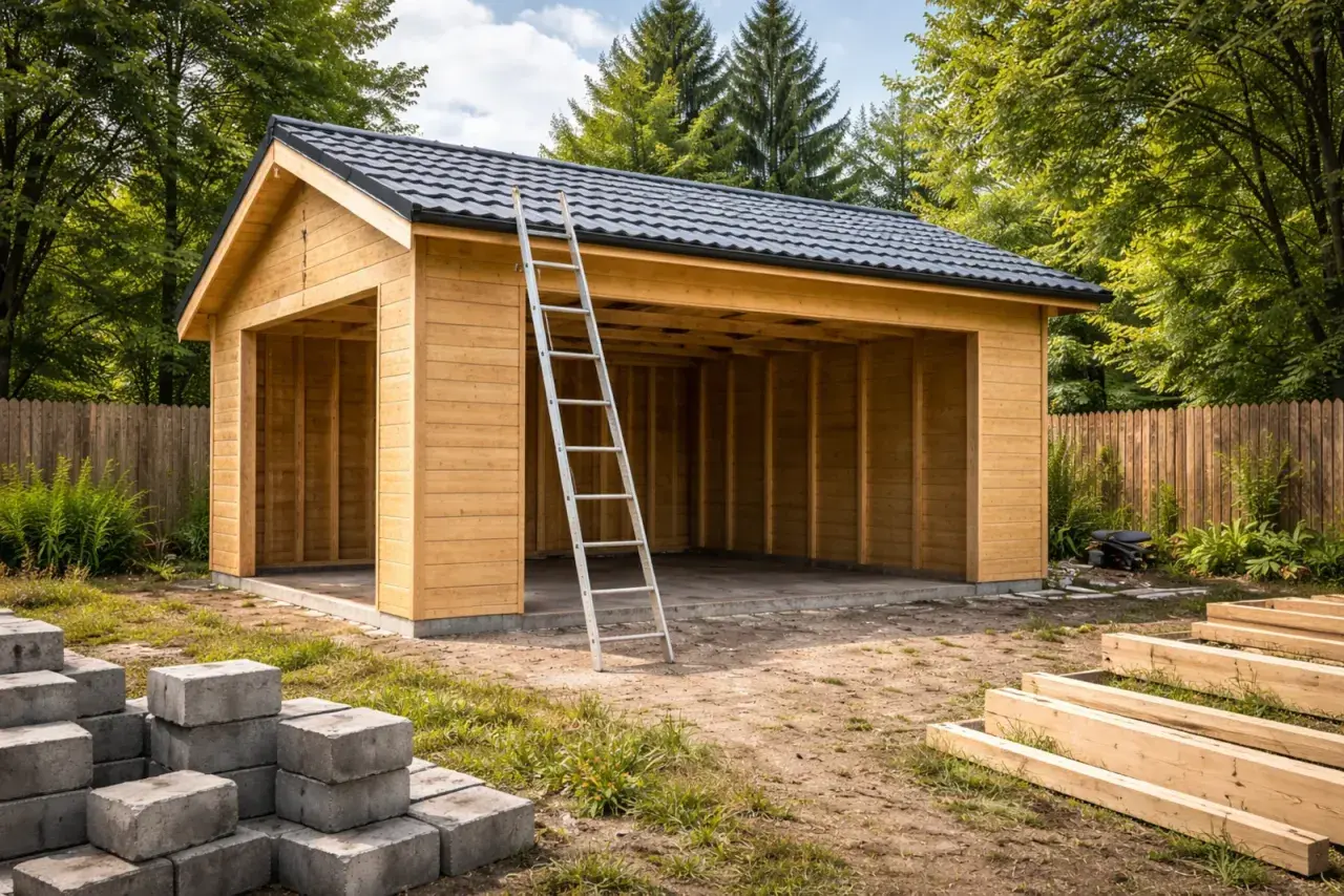 Drewniany garaż bez pozwolenia w budowie, z drabiną opartą o ścianę. Wokół materiały budowlane: betonowe bloczki i belki.