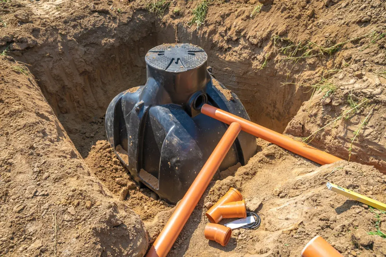 Instalacja zbiornika i rur do drenażu odwadniającego w wykopie. Widać czarny zbiornik i pomarańczowe rury.