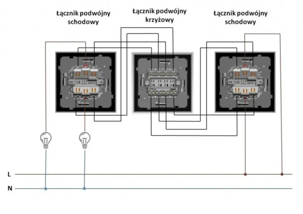 Schemat instalacji elektrycznej z łącznikiem krzyżowym. Pokazuje połączenia między dwoma łącznikami schodowymi a jednym krzyżowym, sterującymi dwoma żarówkami.