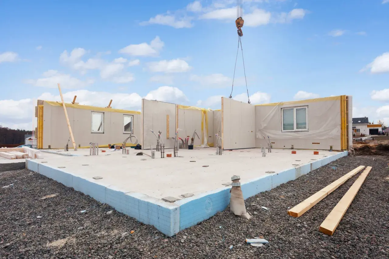Budowa domu z prefabrykatów. Na placu budowy widać fundamenty, ściany z oknami i instalacjami, a nad nimi uniesiony element przez dźwig. Czy to keramzyt?