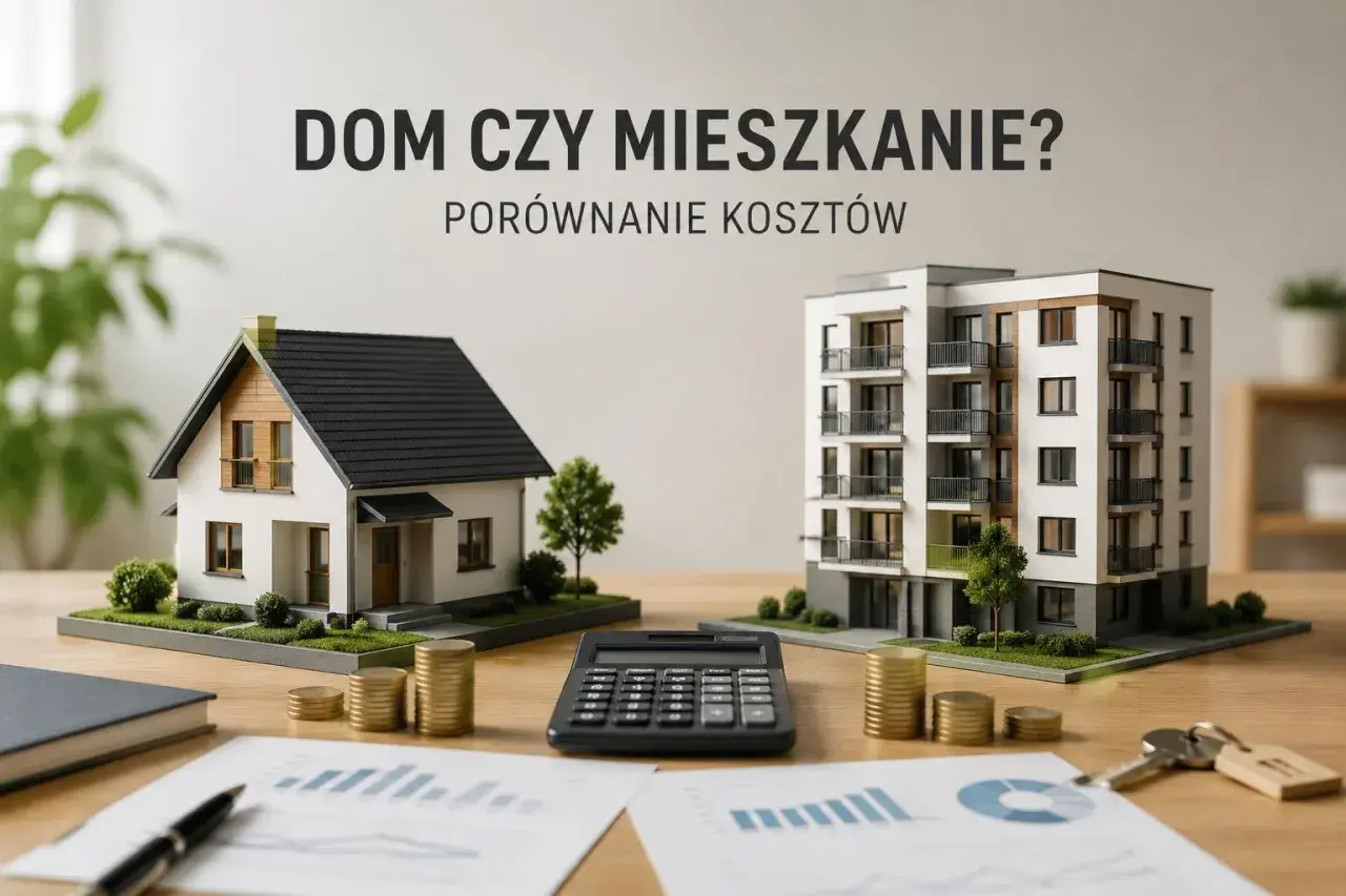 Porównanie kosztów: model domu i bloku mieszkalnego, kalkulator, monety i klucze. Które rozwiązanie wybrać: dom czy mieszkanie?
