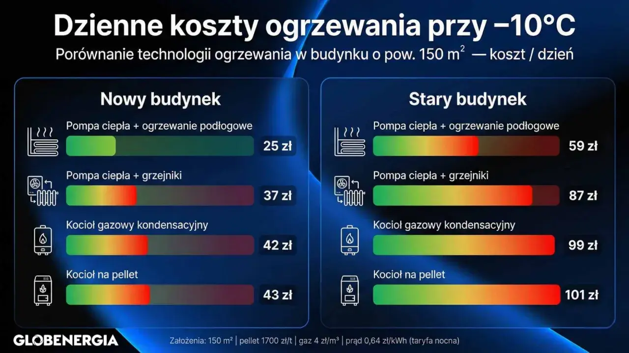 Porównanie dziennych kosztów ogrzewania przy -10°C dla budynku 150 m². Jakie ogrzewanie do domu wybrać? Pompa ciepła z podłogówką najtańsza.