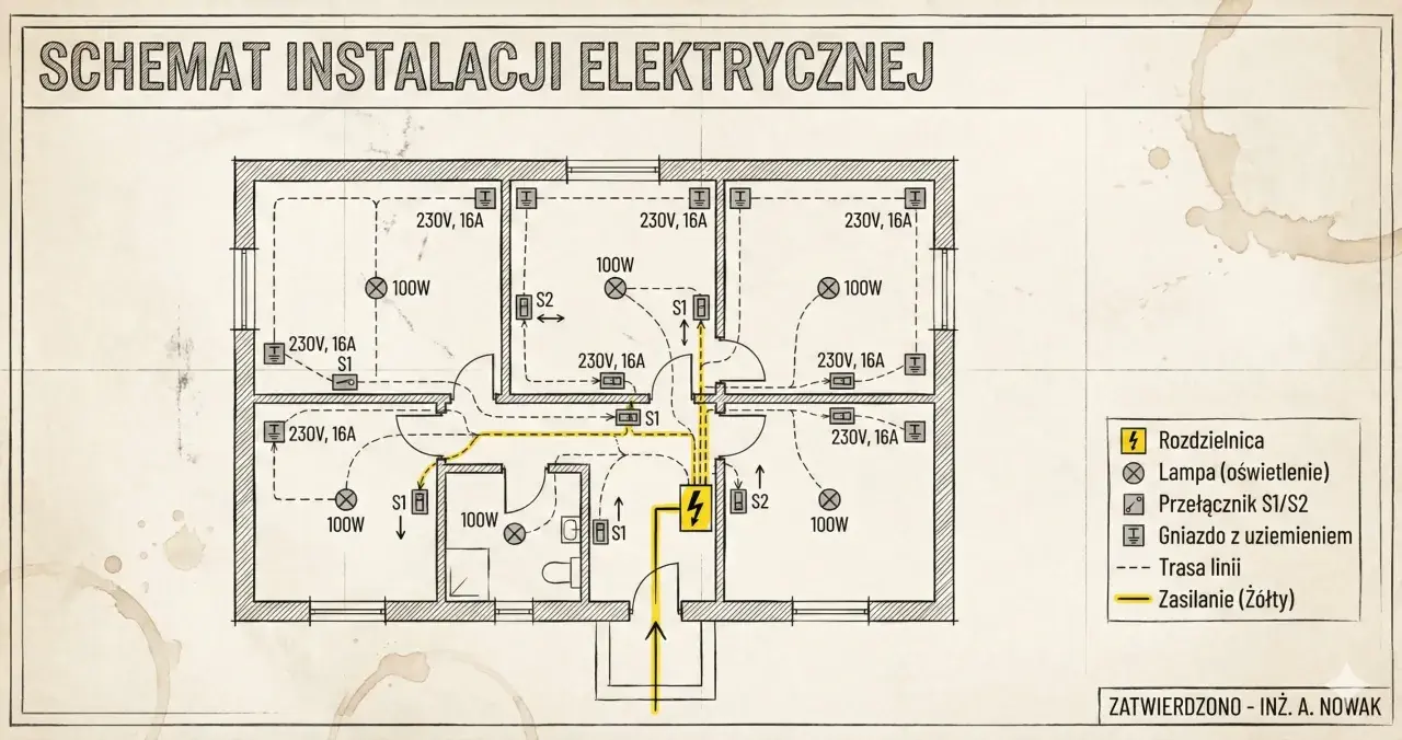 Schemat instalacji elektrycznej mieszkania z oznaczeniami gniazd, lamp, przełączników i zasilania.
