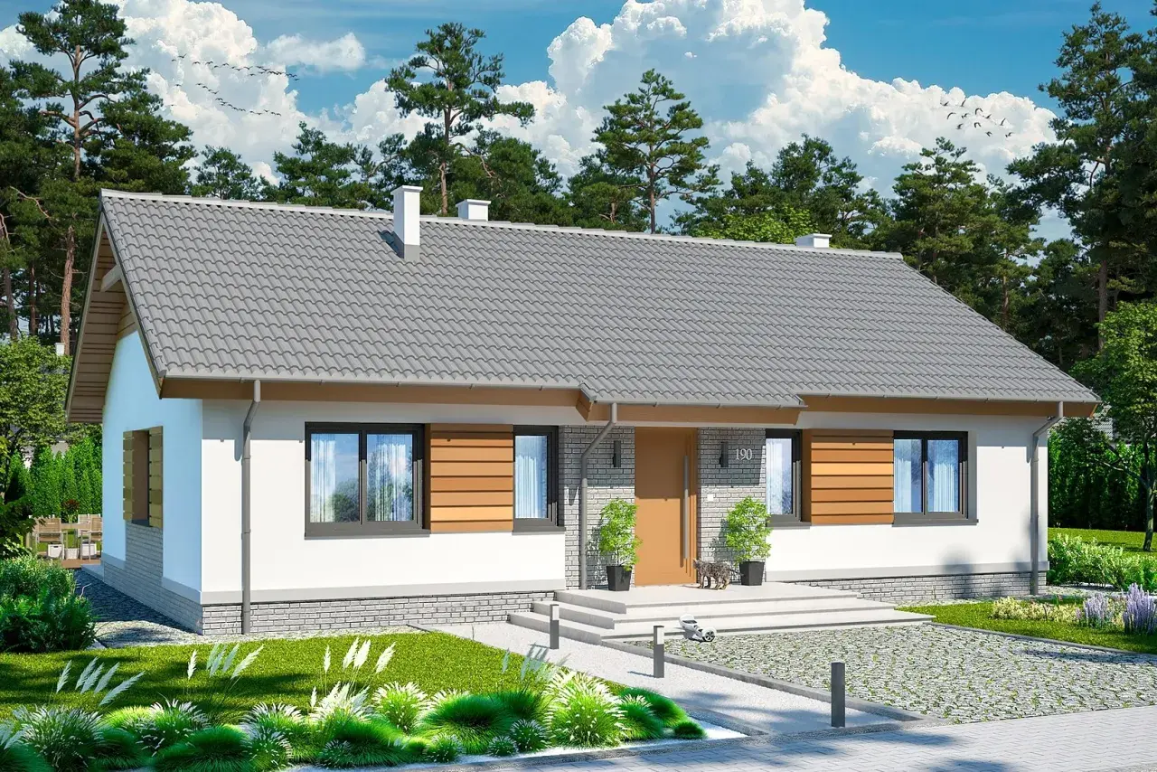 Nowoczesny dom jednorodzinny, projekt Aster, z szarym dachem, białymi ścianami i drewnianymi elementami. Otoczony zielenią.