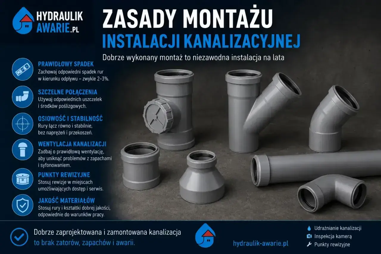 Elementy instalacji kanalizacyjnej, w tym rury i kształtki, z naciskiem na prawidłowy spadek rury odpływowej WC.